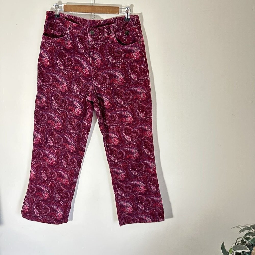 April Cornell High Rise Purple Paisley Ankle Pants Wide Leg 12 Corduroy Boho